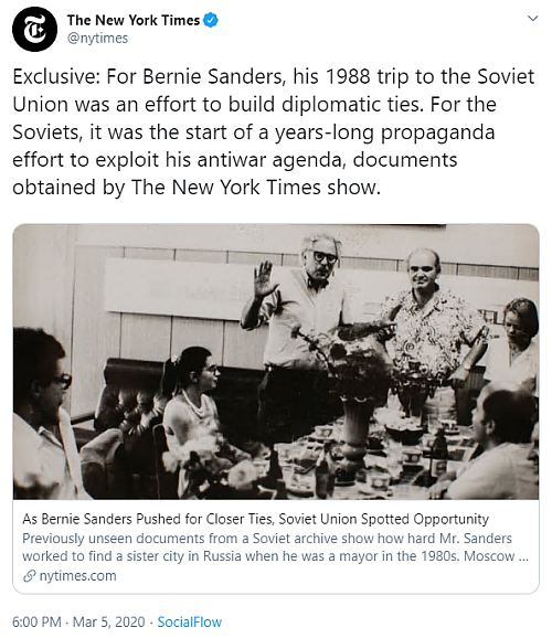 “Exclusive: For Bernie Sanders, his 1988 trip to the Soviet Union was an effort to build diplomatic ties. For the Soviets, it was the start of a years-long propaganda effort to exploit his antiwar agenda, documents obtained by The New York Times show.”