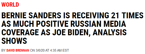 “Bernie Sanders Is Receiving 21 Times As Much Positive Russian Media Coverage As Joe Biden, Analysis Shows.”